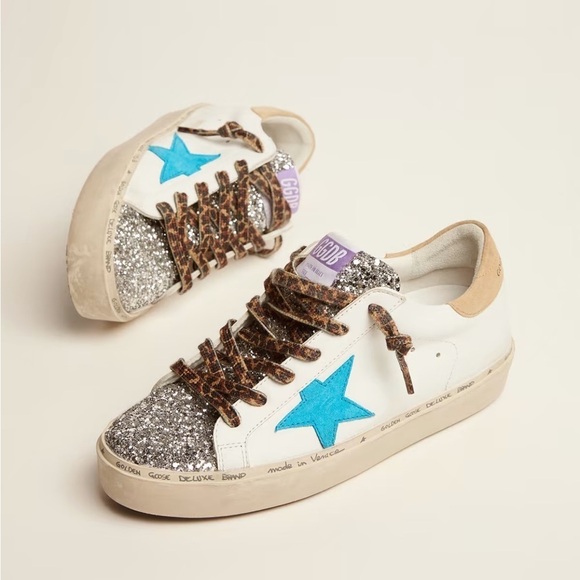 GGDB-Golden Goose Hi Star Silver Glitter cyan-blue suede star distressed sneaker - Picture 1 of 11